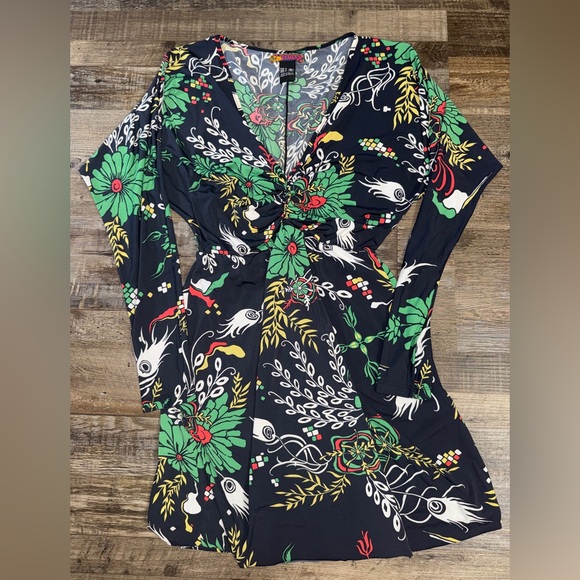 Colcci Brazil Twist Front Mini Dress Small Black Floral Stretch Bodycon - Picture 2 of 6